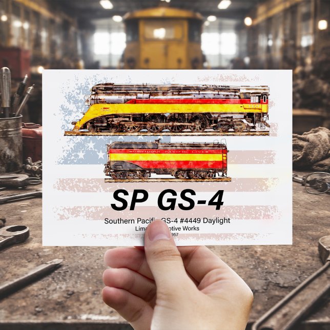 Profil av Southern Pacific GS-4 Daylight-lokomotiv Vykort (Southern Pacific GS-4 Daylight Locomotive profile. Postcard )