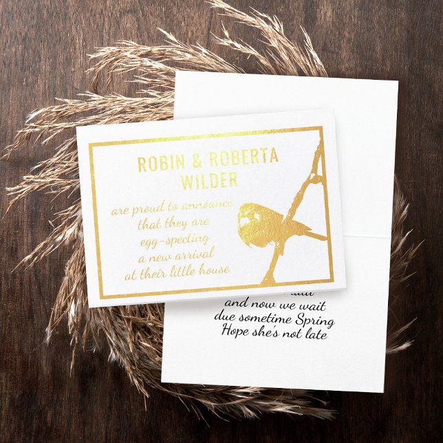 Prognostiserat Gravid aviseringskort Folierat Kort (Waiting for your little bird to arrive? Here's a real gold foil announcement card you can send)