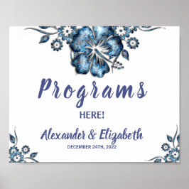 Program Bröllop Ceremony Blue Flower Sign Poster