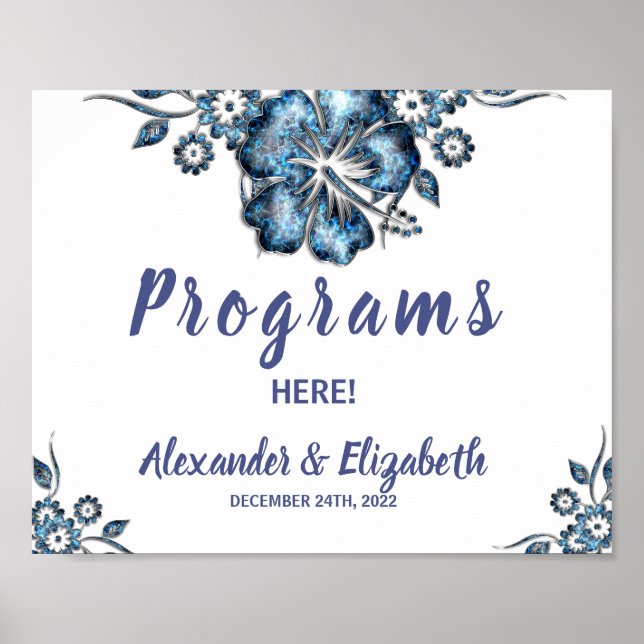 Program Bröllop Ceremony Blue Flower Sign Poster (Framsidan)