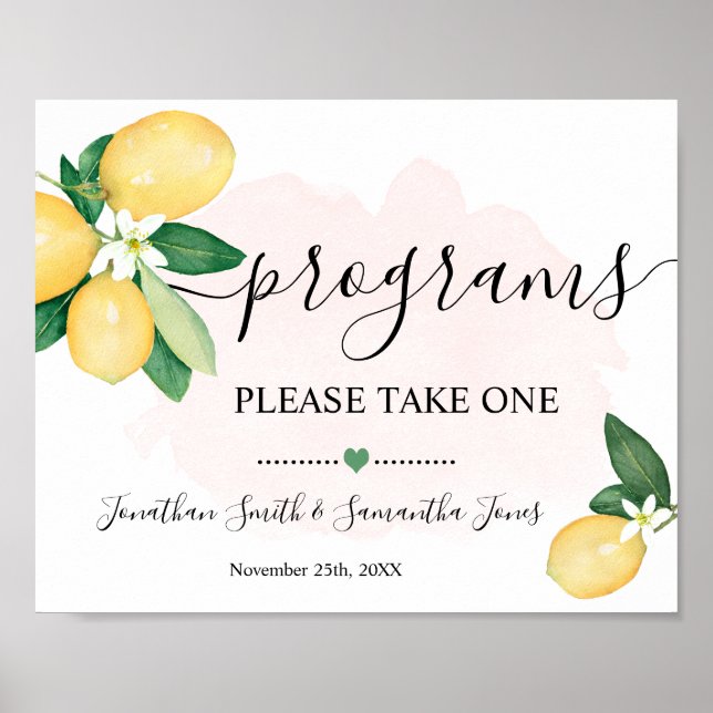 Program Bröllop Ceremony Lemons Rosa Sign Poster (Framsidan)