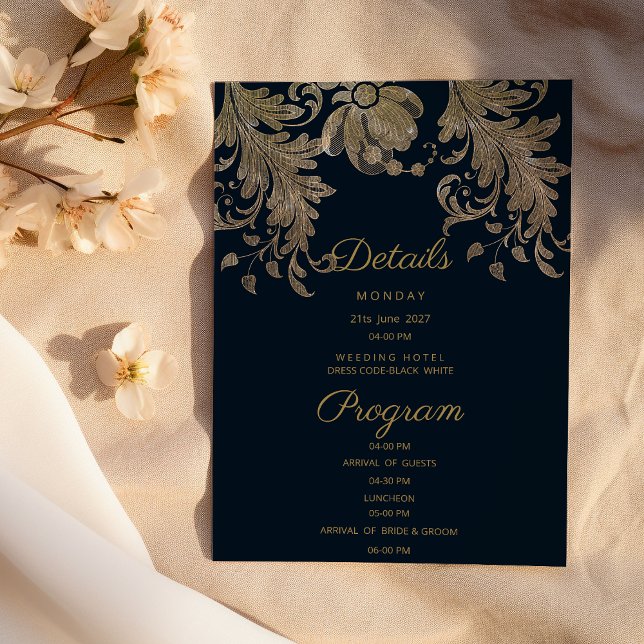 Program för lyxinformation om sjöblått guld snöre  (Navy blue gold lace floral luxury Details Program)