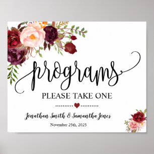 Program för vigselceremoni boho marsala blommor poster