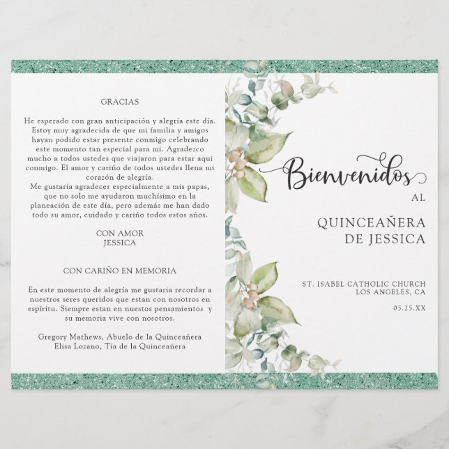 Programa de Quinceañera Verde con Hojas (Framsida)