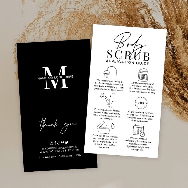Programguide för minimal Logotyp Socker Body SCrub Visitkort (Minimalist body scrub care cards in black and white, featuring care icons and space for your logo)