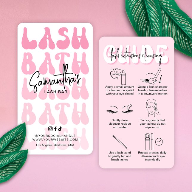 Programguide för Retro Rosa Modern Lash Bath-progr Visitkort (Lash bath application instructions cards in blush pink with retro fonts)