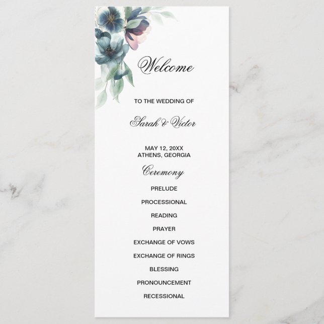 Programkort för dubbla av vattenfärgblommor program (Framsida)