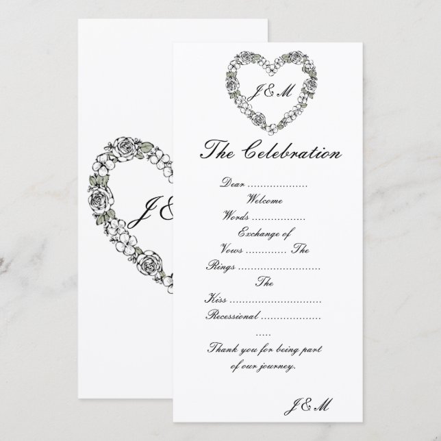 Programme de mariage noir et blanc coeur florale julkort (Fram/baksida)