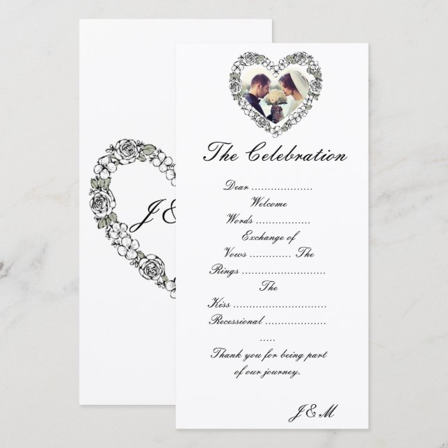 Programme de mariage noir et blanc coeur florale julkort (Fram/baksida)