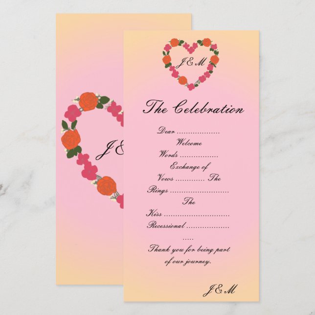 Programme de mariage rose et orange cœur floral (Fram/baksida)