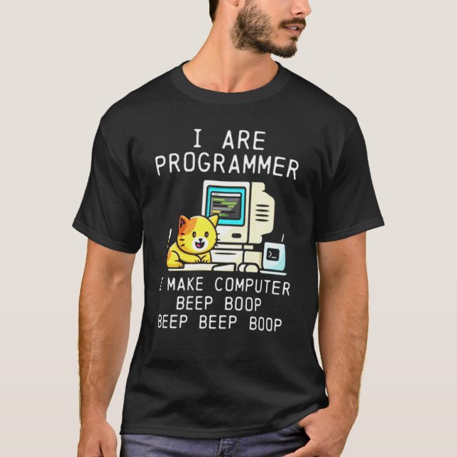 Programmer Cat Beep Boop-kodning T Shirt (Framsida)