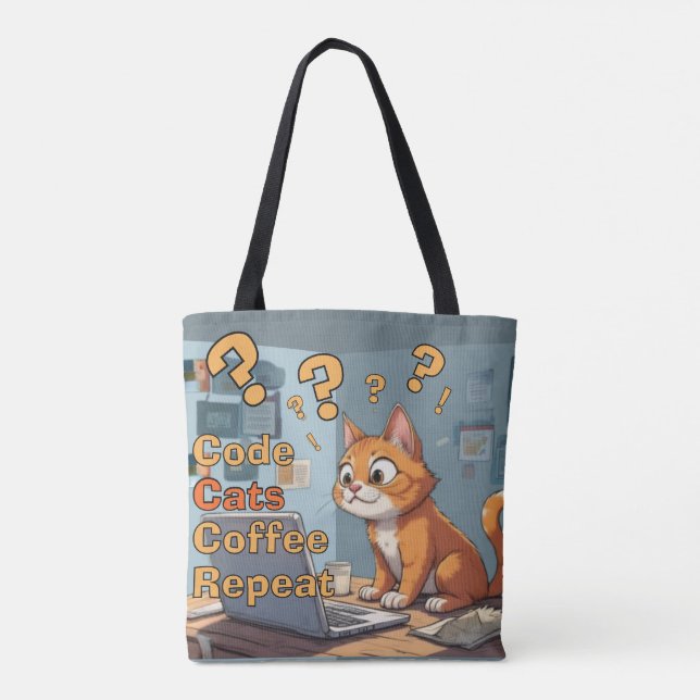 Programmerare Katt Humor Kod, Katter, Kaffe – Uppr Tygkasse (Baksida)