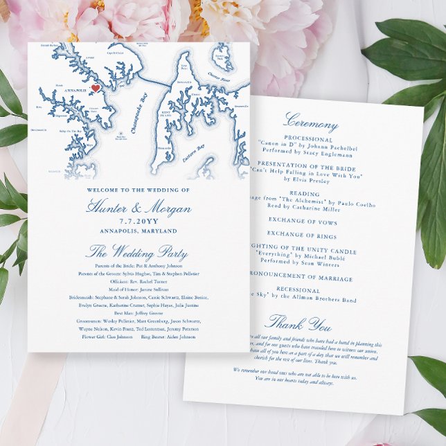 Programmet Annapolis Maryland Elegant bröllop Program (Annapolis Maryland Wedding Program in elegant navy blue from Coastal Map Designs)