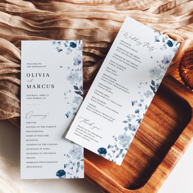 Programmet Boho Dusty Blue Wildblomma Elegant bröl Program (Front/Back)