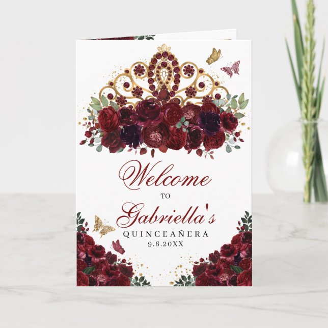 Programmet Burgundy & Guld Tiara Quinceanera Inbjudan (Framsida)
