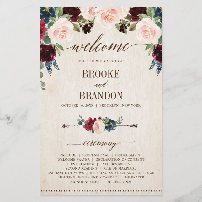 Programmet Burgundy Navy Blommigt Rustic Land (Framsida)