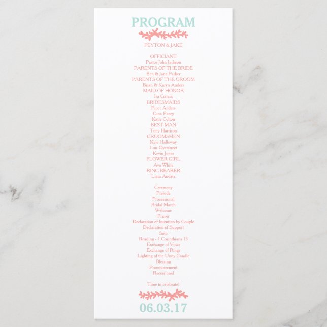 Programmet Coral Heart Aqua Beach Wedding Program (Framsida)