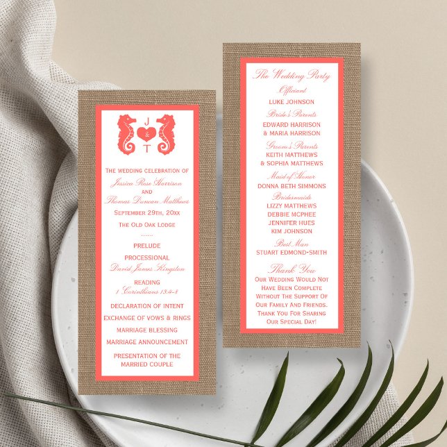 Programmet Coral Seahorse Burlap Beach Wedding Reklamkort (Skapare uppladdad)