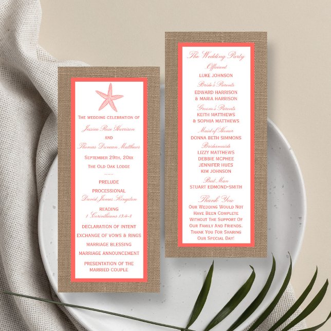 Programmet Coral Starfish Burlap Beach Wedding Reklamkort (Skapare uppladdad)