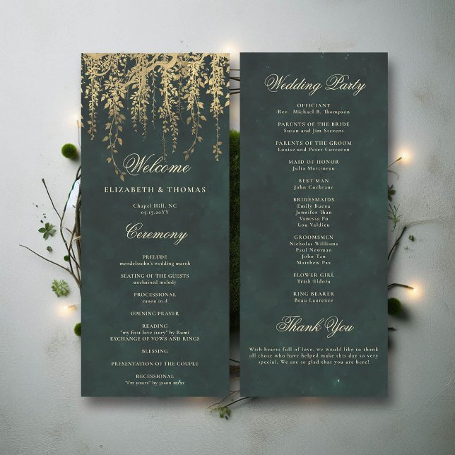 Programmet "Forest Guld Vine Elegant bröllop" (wedding program ceremony card enchanted forest fairytale gold vines calligraphy)