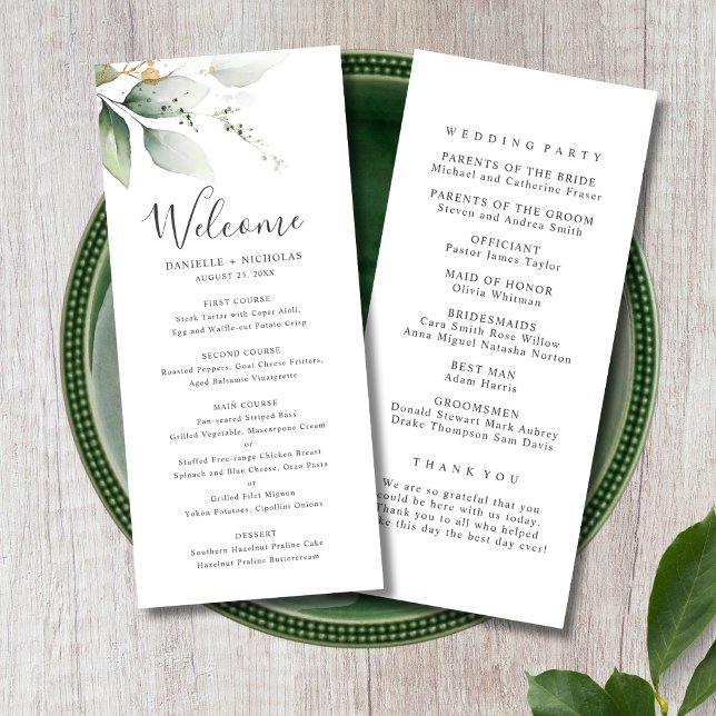 Programmet Greenery Guld Garden Wedding (Watercolor Wedding Menu)