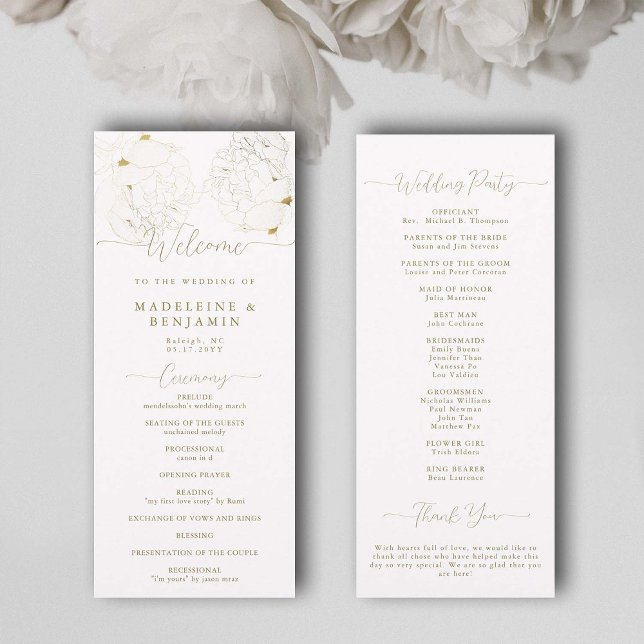 Programmet Peony Blommigt Guld Snöre Elegant bröll (peony wedding ceremony program white and gold elegant modern classic romantic calligraphy feminine)