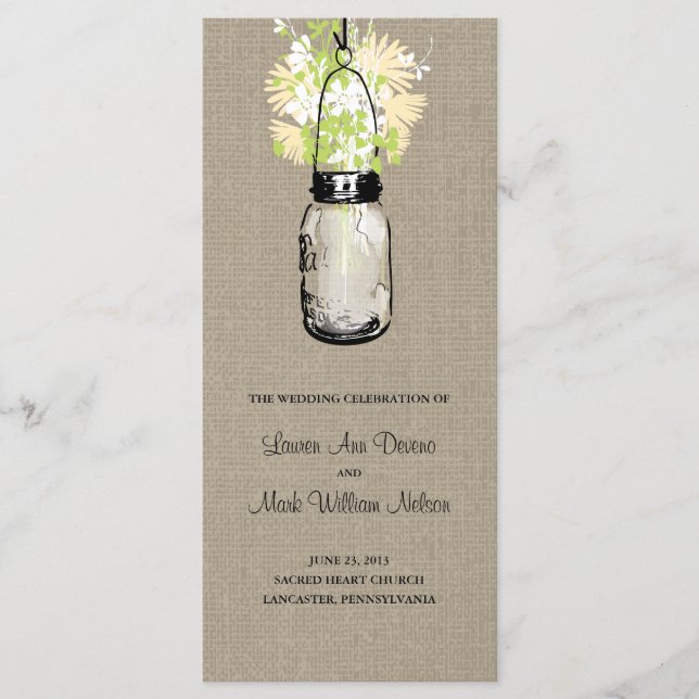 Programmet Rustic Burlap Mason Burk och Wildblommo Program (Framsida)
