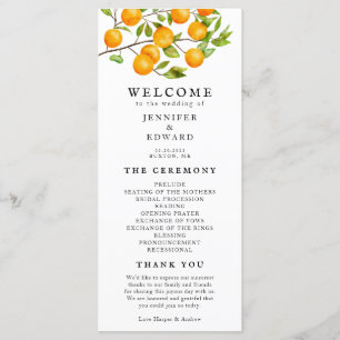 Programmet Rustic Citrus Oranges Bröllop Ceremony Program