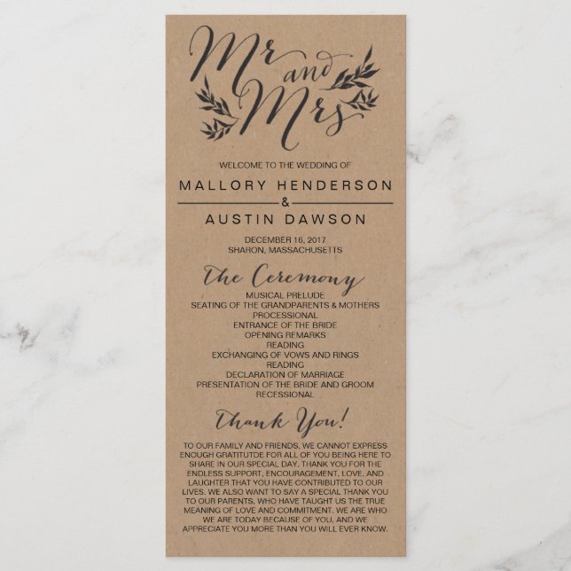 Programmet Rustic Kraft Blommigt Bröllop Ceremony Program (Framsida)