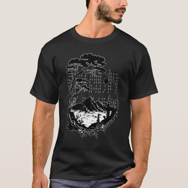 Programming Binary Code Mountain Forest Hiking T Shirt (Framsida)