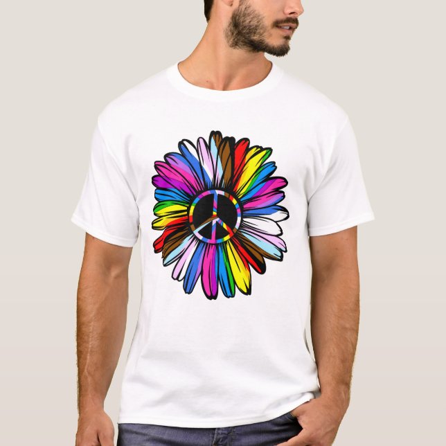 Progress Pride Peace Daisy - HBT TQ+ Kärlek-vinste T Shirt (Framsida)