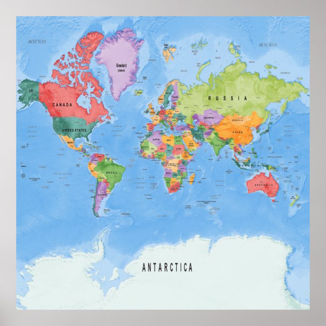 Projektion av den politiska världskartan Mercator Poster (Framsidan)