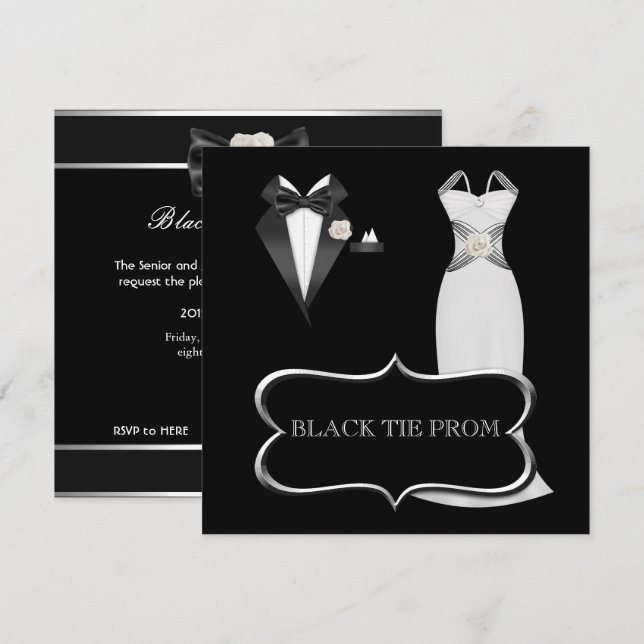 Prom High School Dance Formal White Black Tie Inbjudningar (Fram/baksida)