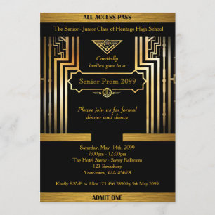 Prom senik, Gatsby stil, black & guld, back guld Inbjudningar