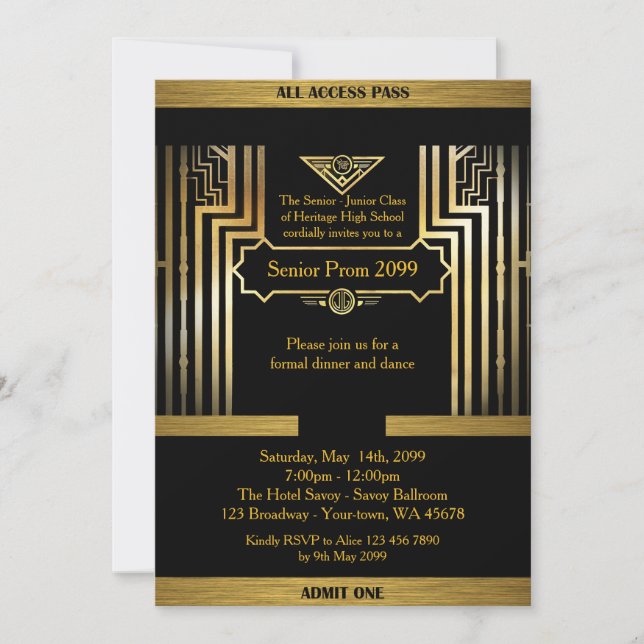 Prom senik, Gatsby stil, black & guld, monogram Inbjudningar (Framsida)
