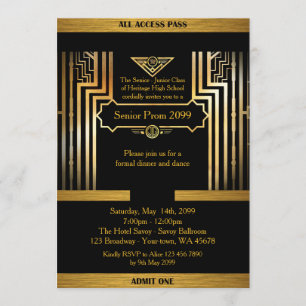 Prom senik, Gatsby stil, black & guld, monogram Inbjudningar