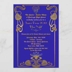 Prom senik, Gatsby stil, blue & guld, monogram Inbjudningar