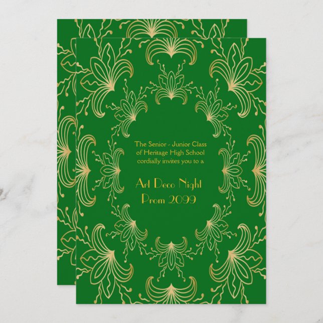 Prom Senior, Art Deco, Flowers Stylized, emerald Inbjudningar (Fram/baksida)
