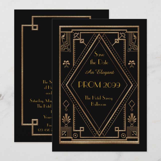 Prom Senior-Junior, Black Guld Geometric, Art Deco Inbjudningar (Fram/baksida)