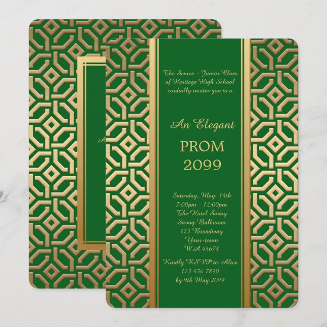 Prom Senior-Junior, Black Guld Geometric Emerald Inbjudningar (Fram/baksida)