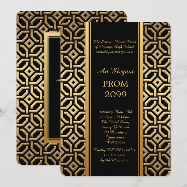 Prom Senior-Junior, Black Guld Geometric Emperor Inbjudningar (Fram/baksida)