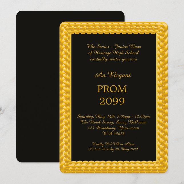 Prom Senior-Junior, Braided Guld, Black, Art deco Inbjudningar (Fram/baksida)