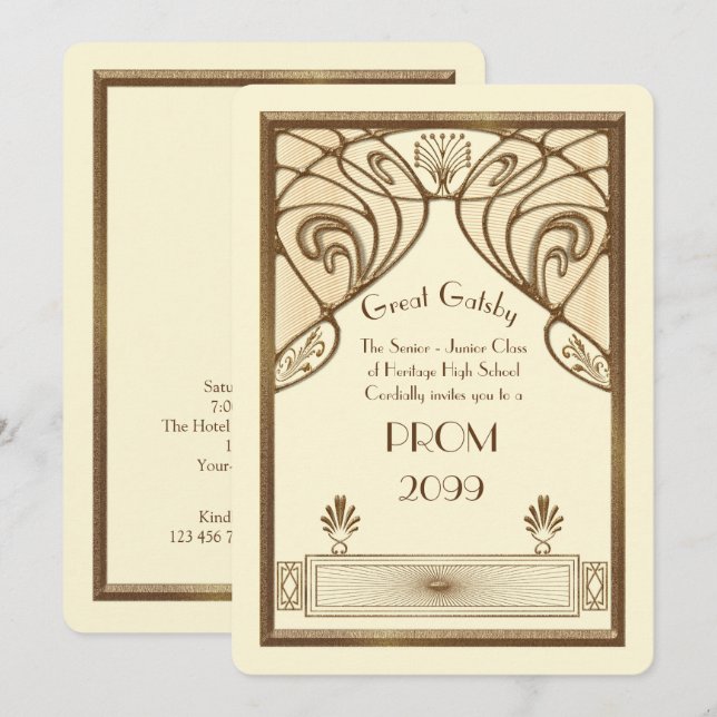 Prom Senior-Junior, Underbarare Gatsby, guld, elfe Inbjudningar (Fram/baksida)
