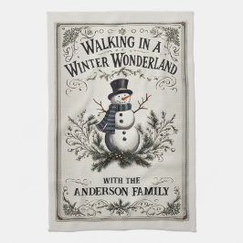 Promenad i en vintervandringsvärld snöman kökshandduk