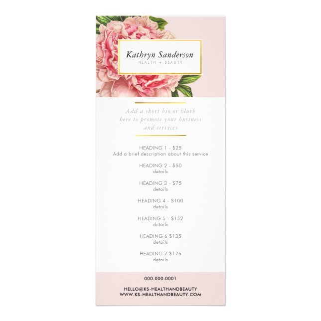 PROMO PRIS SERVICE LIST rosa peony-blommigt Reklamkort (Framsidan)