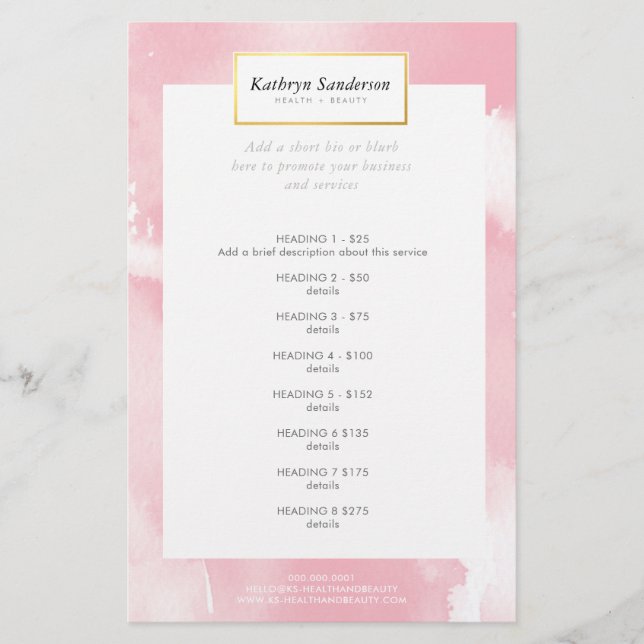PROMO PRIS SERVICE LIST  rosa vattenfärg Flygblad (Framsidan)