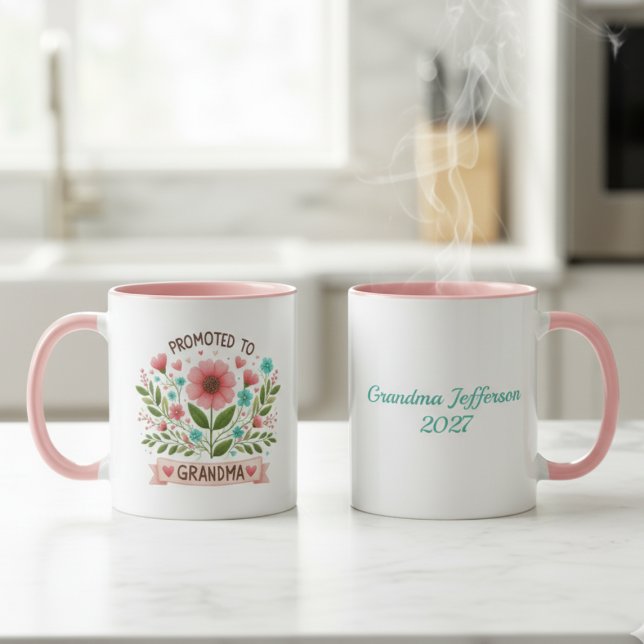 Promoted to Grandma Mug - Watercolor Flowers Mugg (Grandma to be personalized coffee mug)