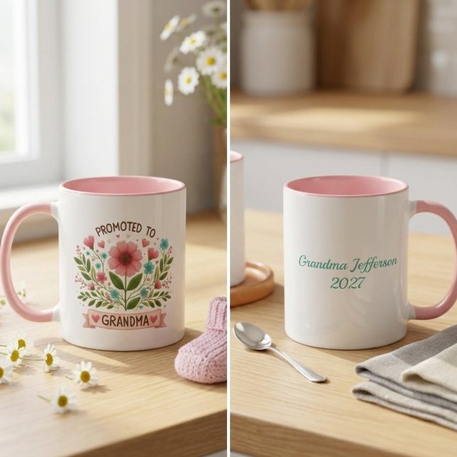Promoted to Grandma Mug - Watercolor Flowers Mugg (Grandma to be personalized coffee mug)