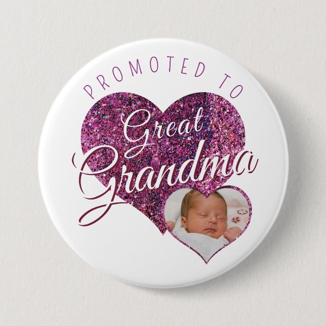 Promoted to Great Grandma faux sparkle pink photo Knapp (Framsida)