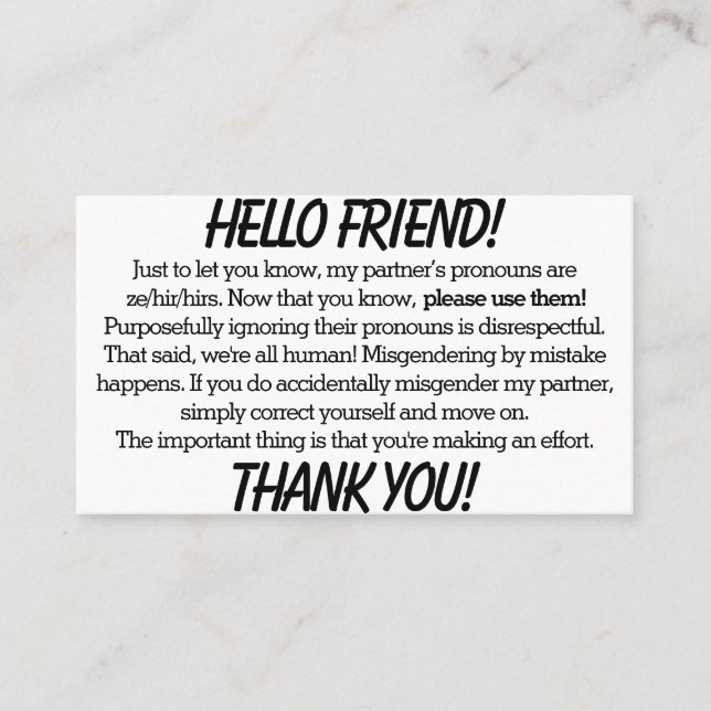 Pronoun-kort (ze/hir-partner) visitkort (Framsida)